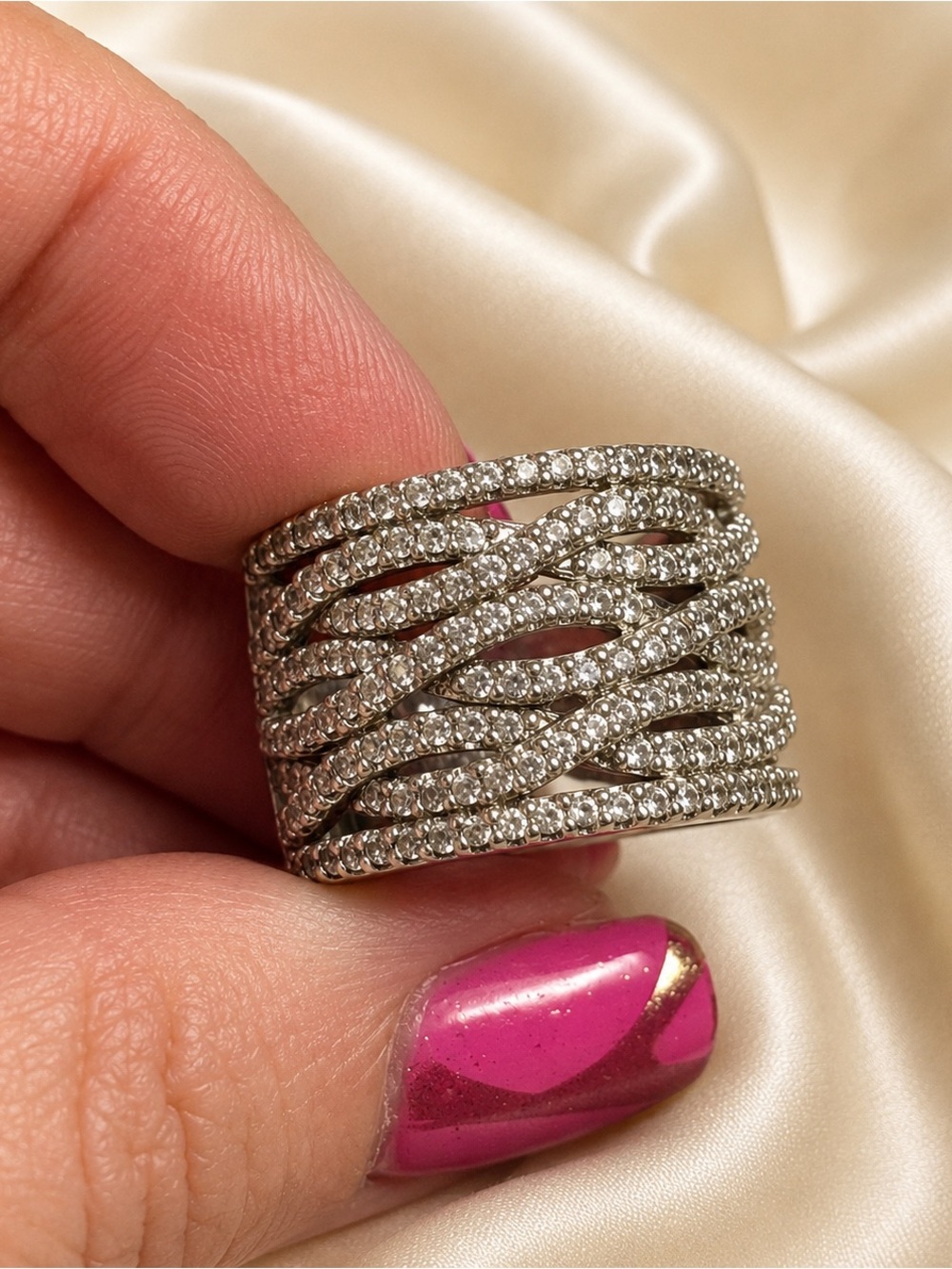 925 Sterling Silver DL Wide Woven Statement Ring Clear Stones Sz 7